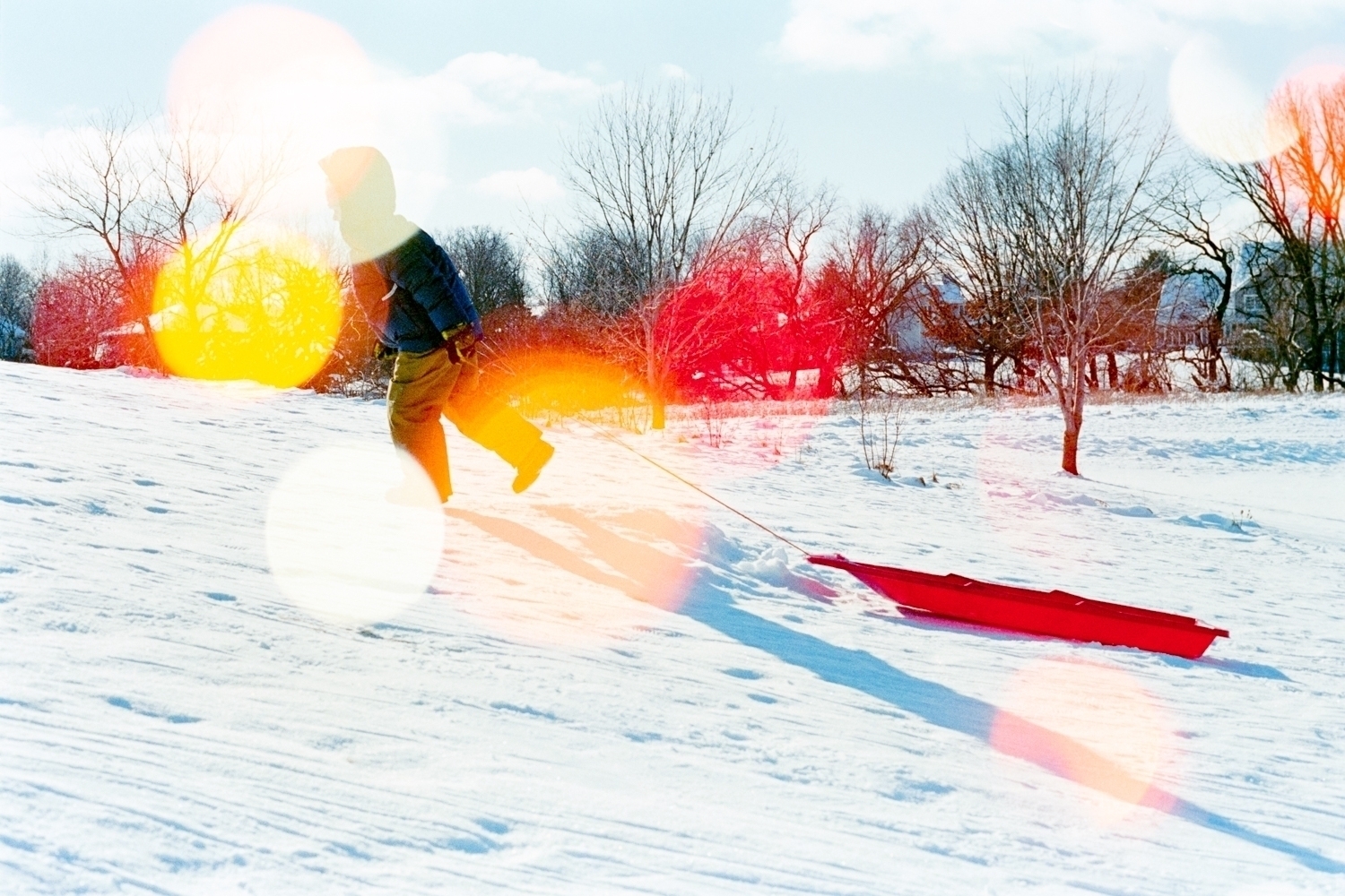 Picture of a child pulling his sled back up the hill on a frame that was preexposed with out of focus colorful lights
