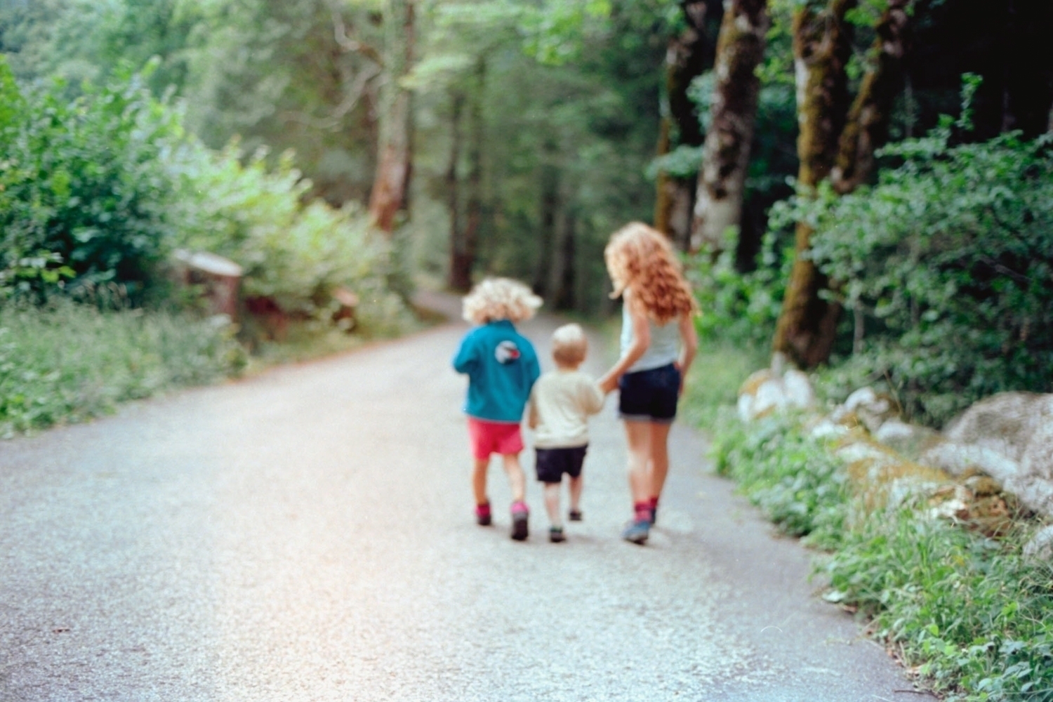 Three little kids out of focus walking ahead on an empty road in a forest, holding hands