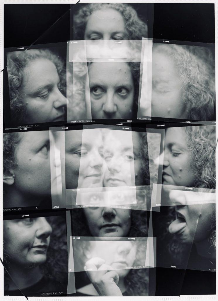 collage of film negatives with close-ups of Flavia Fontana Giusti's face elements. Self portrait.