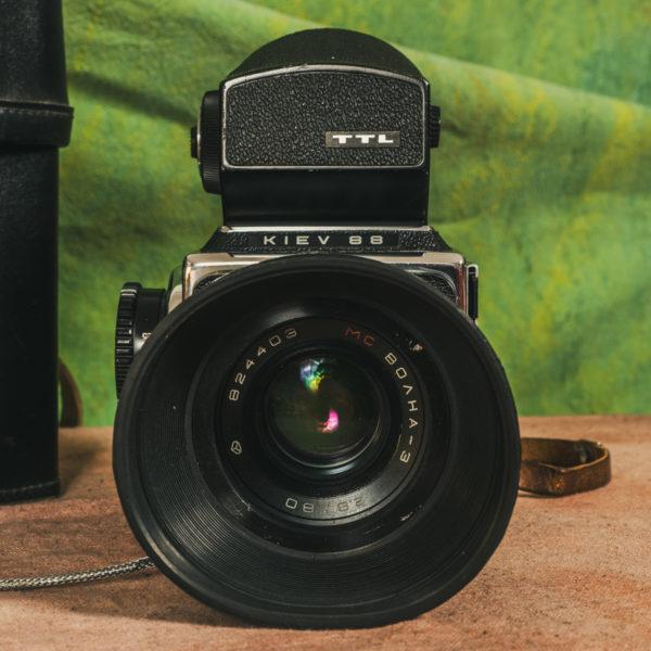 Kiev 88 camera with TTL prism meter viewfinder and 80mm f1:2.8 lens on. Lens hood on the lens