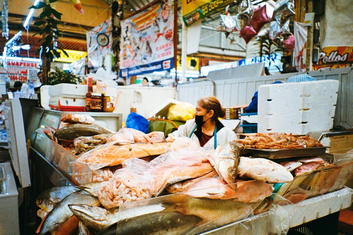 analog street photograph of a fish market stand with its vendor in Mexico City