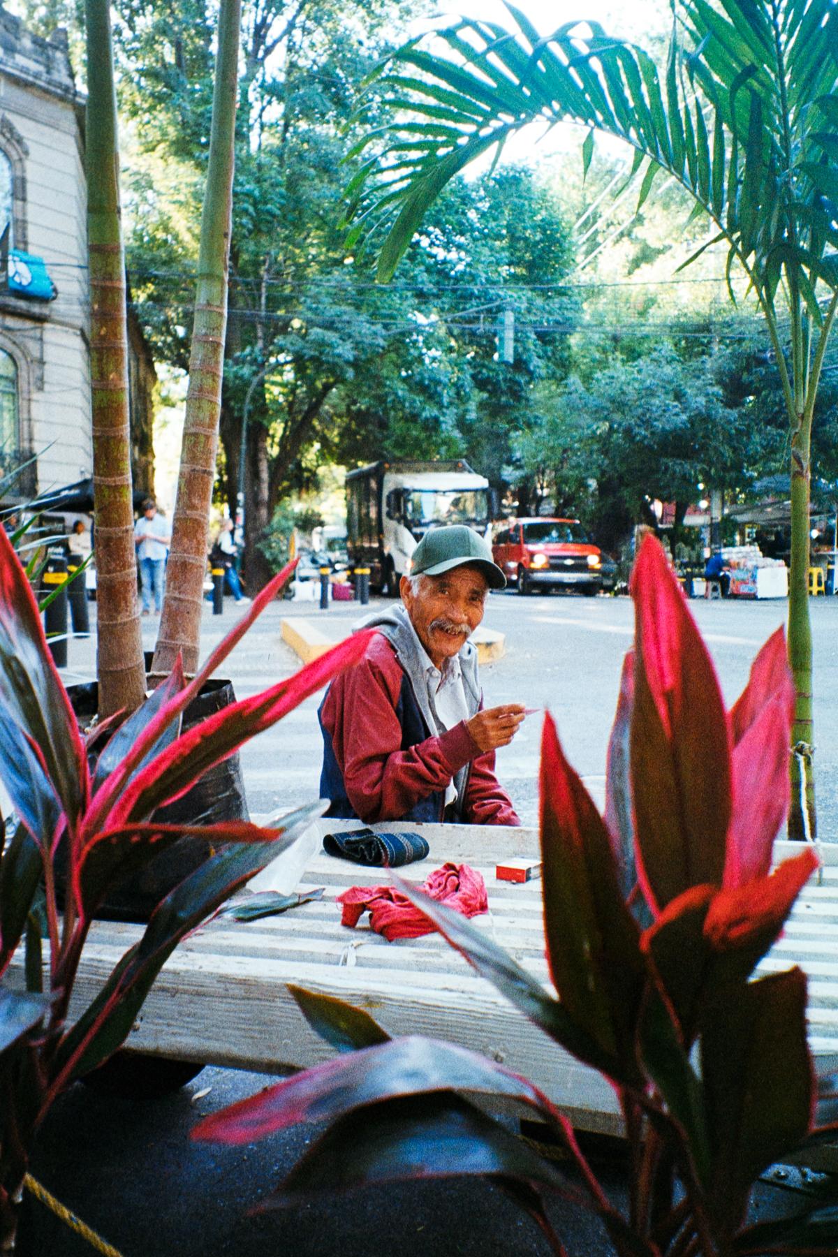 analog street photograph of an elderly man eating street food behind red tropical flowers, and making eye contact with the photographer, in Mexico City