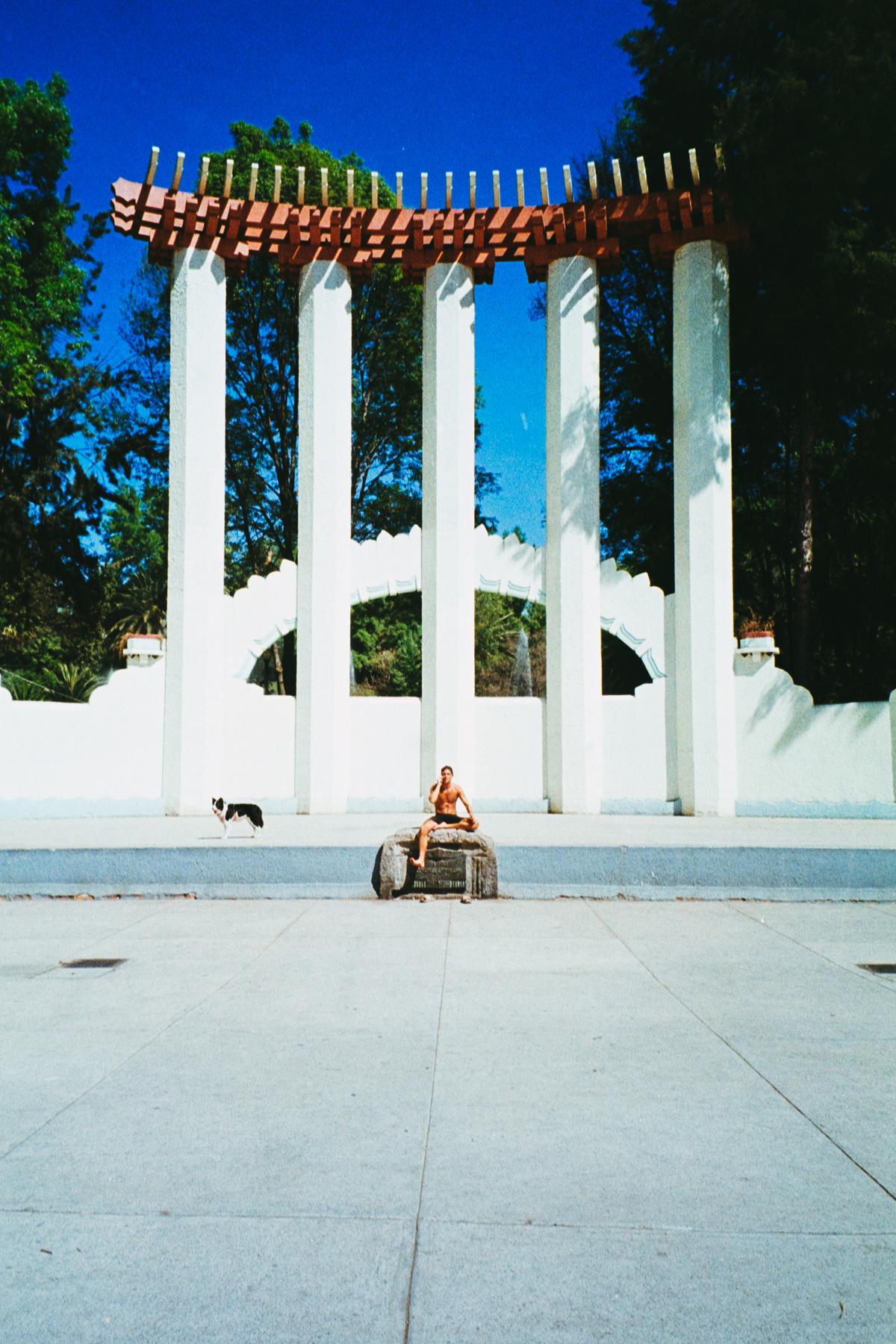 analog street photograph of a man speaking on the phone under the arches in Parque México with his dog behind him